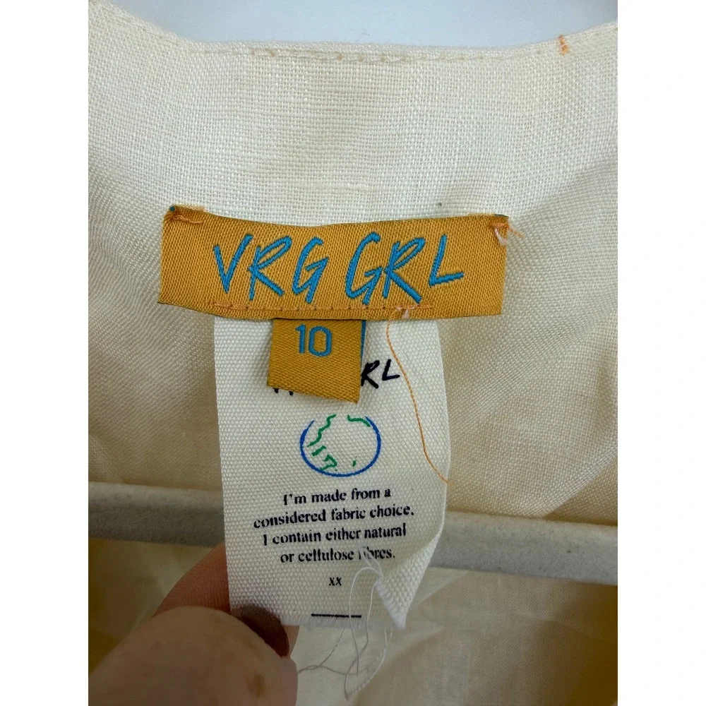 VRG GRL Embroidered Pansy Linen Vest Womens 10 Cream Floral Button Up Boho